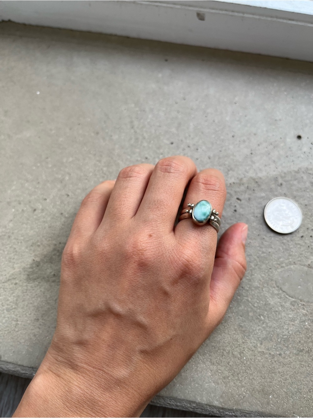 Silver Sterling Double-Band Ring with Larimar and Coral Stone (Convertible)
